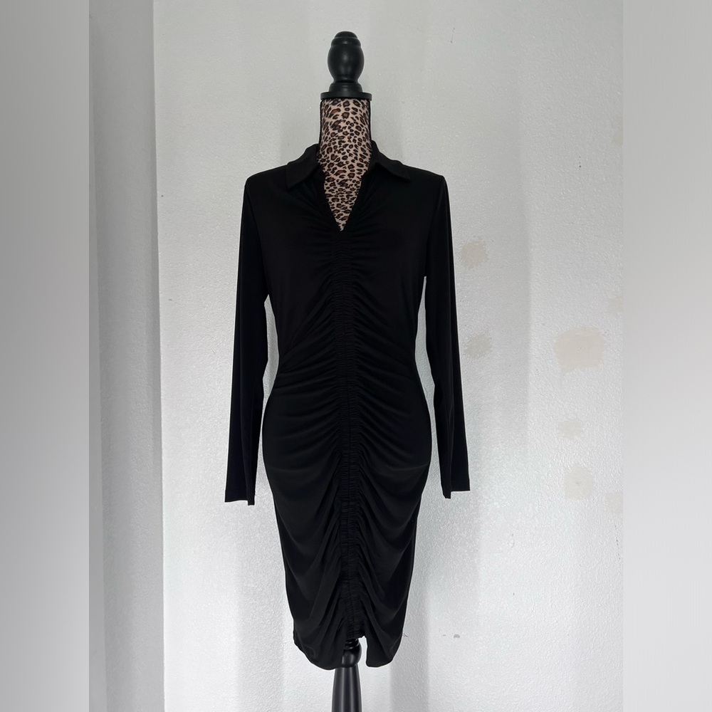 Long sleeved dress with ruching front, silky, form fitting, flattering and cool